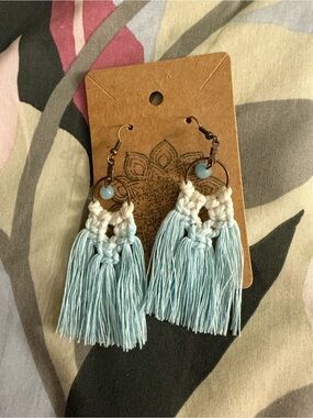 Handmade Macramé Tassel Earrings in Light Blue
